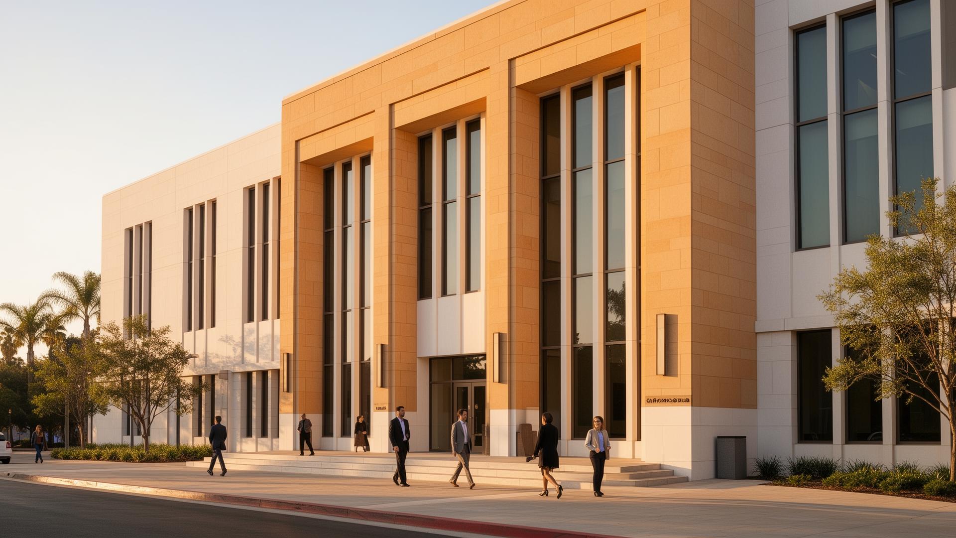Modern California civic building with warm institutional architecture