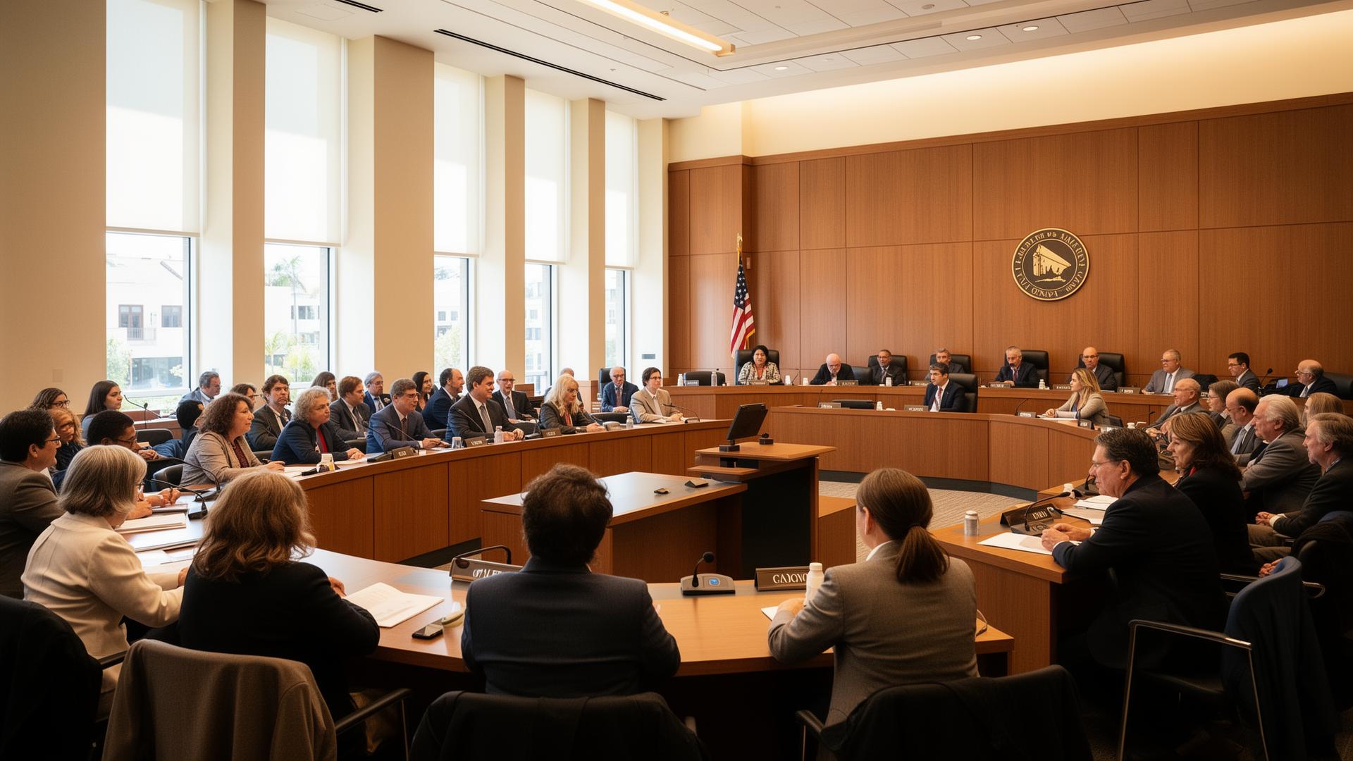 California municipal council meeting in a modern civic chamber